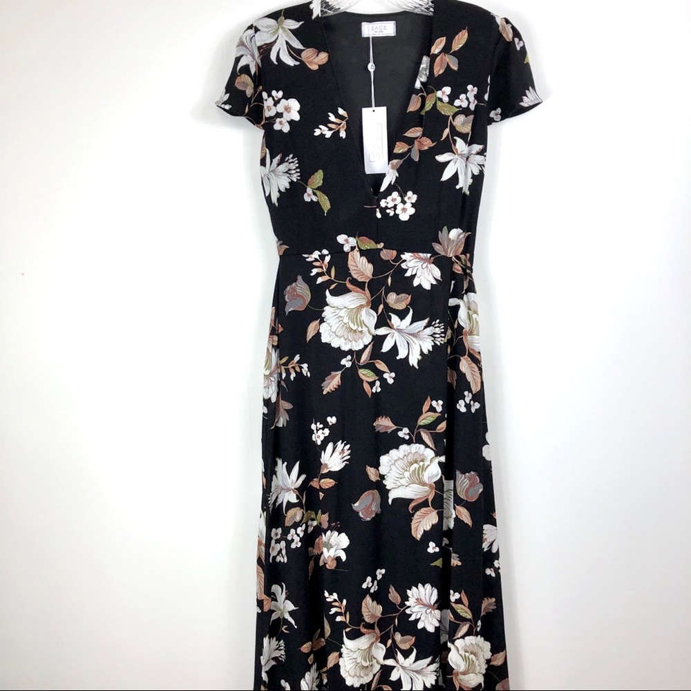 Sage the‎ label NWT black floral faux wrap dress
